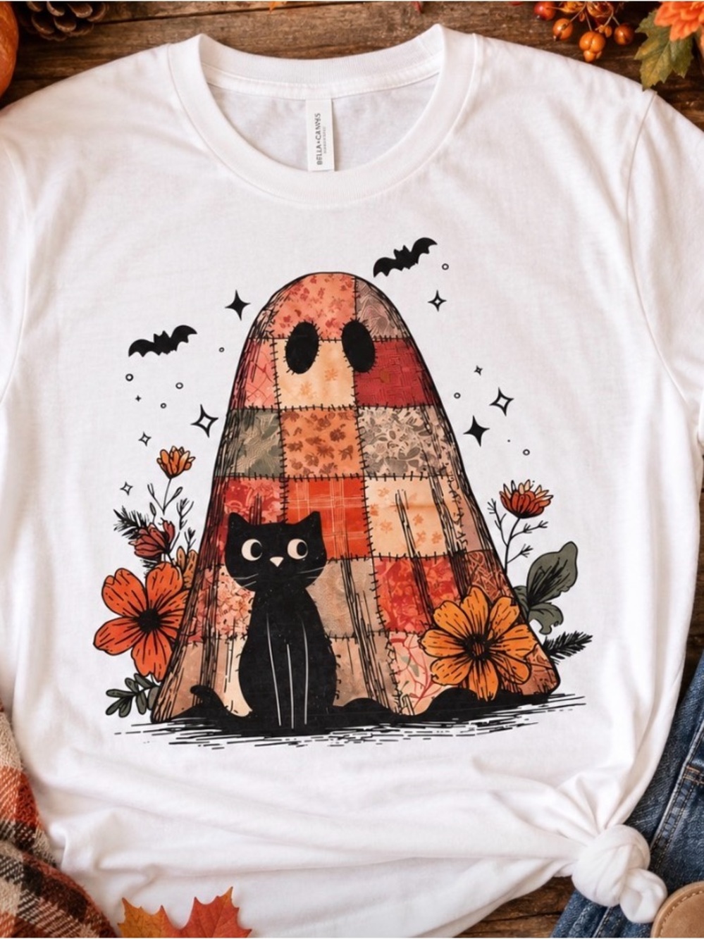 Halloween Cat & Patchwork Ghost Graphic Tee Shirt Short Sleeve XL New